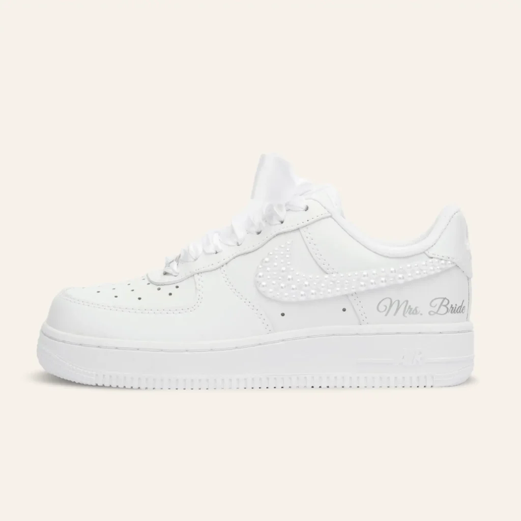 Pearl Classic bridal Air Force 1 wedding sneakers — freshwater pearls on the swoosh