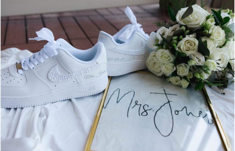 Custom wedding sneakers with bride's last name lettering and bouquet