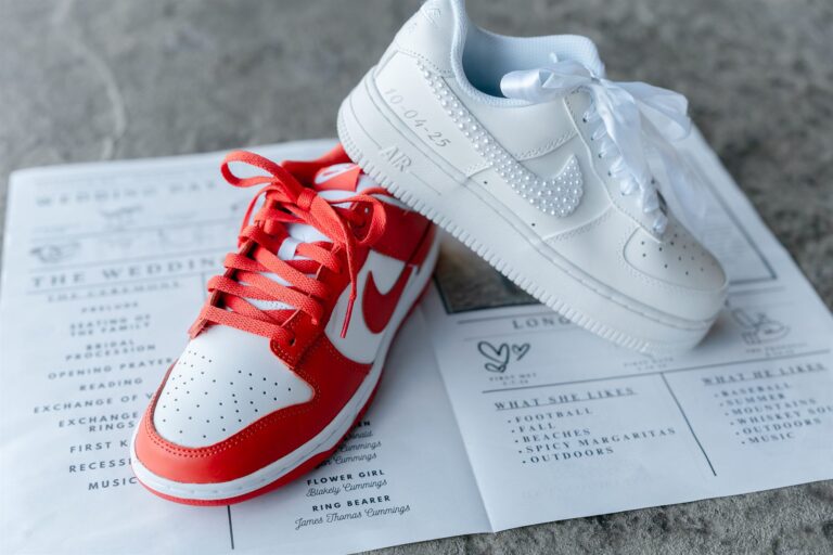Matching his-and-hers custom wedding sneakers on the wedding invitation